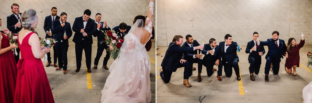 groomsmen getting iced by the bridesmaids 