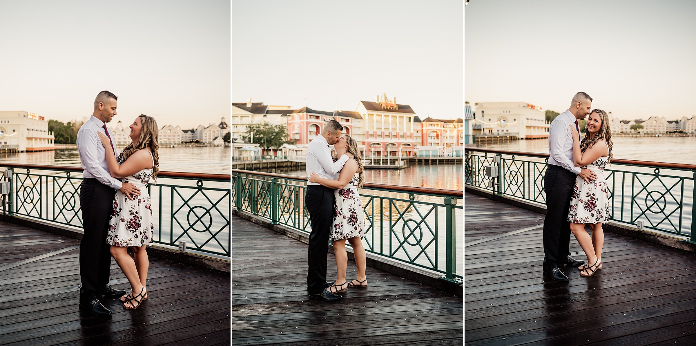 engaged couple kissing on Disney's boardwalk