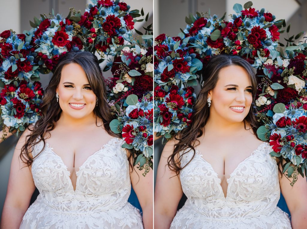 bride surrounded by floral bouquets