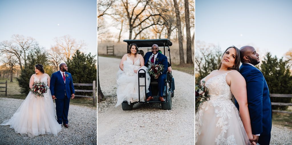 bride and groom embracing under a full moon and riding on a golf cart