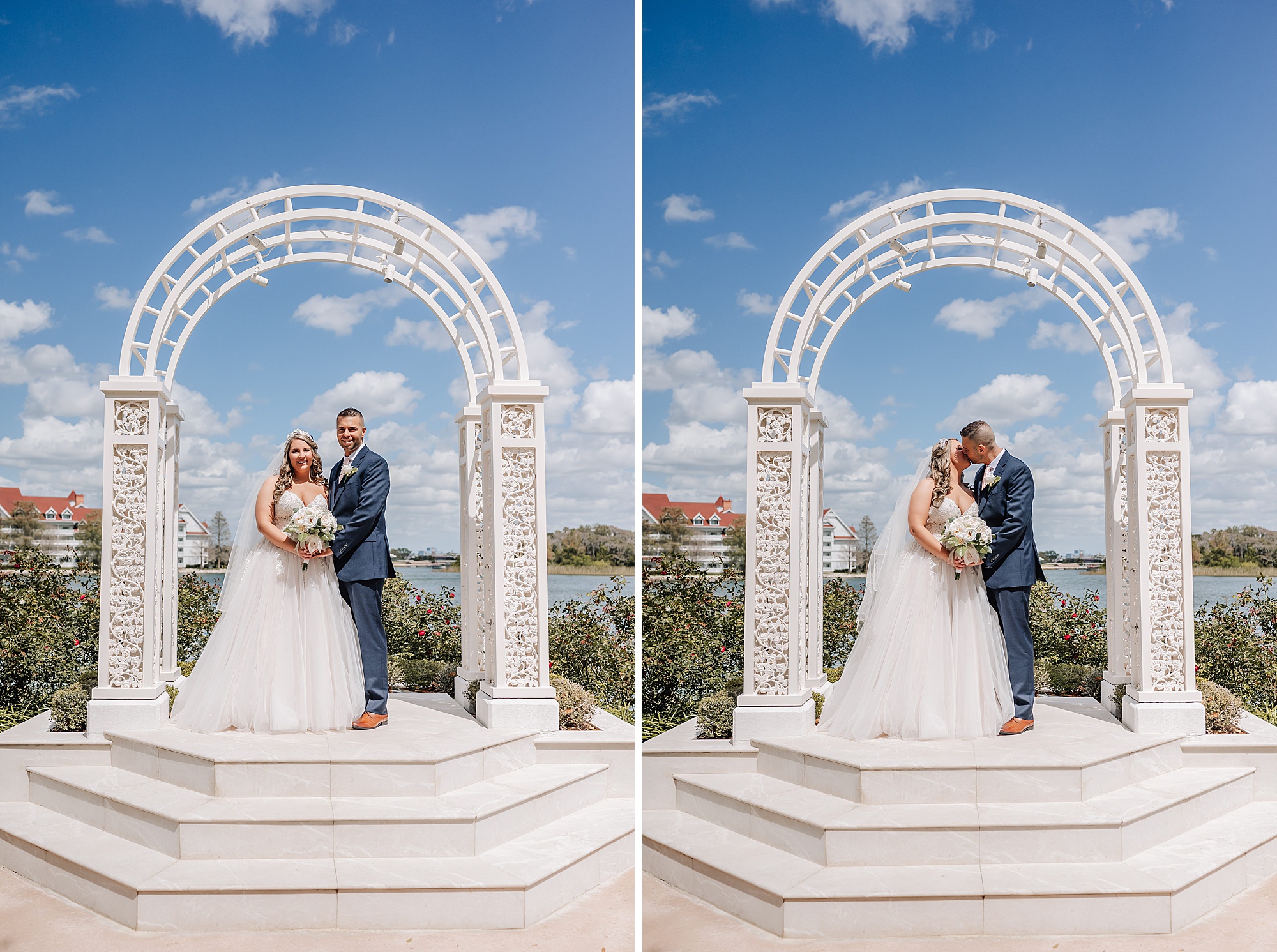 bride and groom at picture point disney grand Floridian wedding