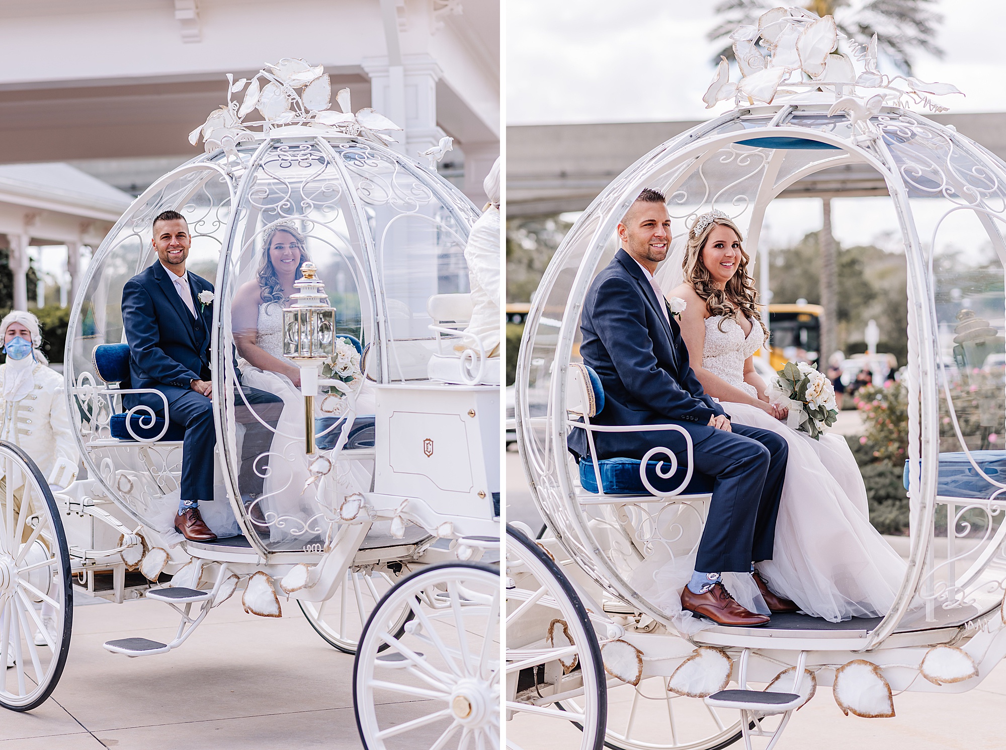 newlyweds in cinderella's carriage