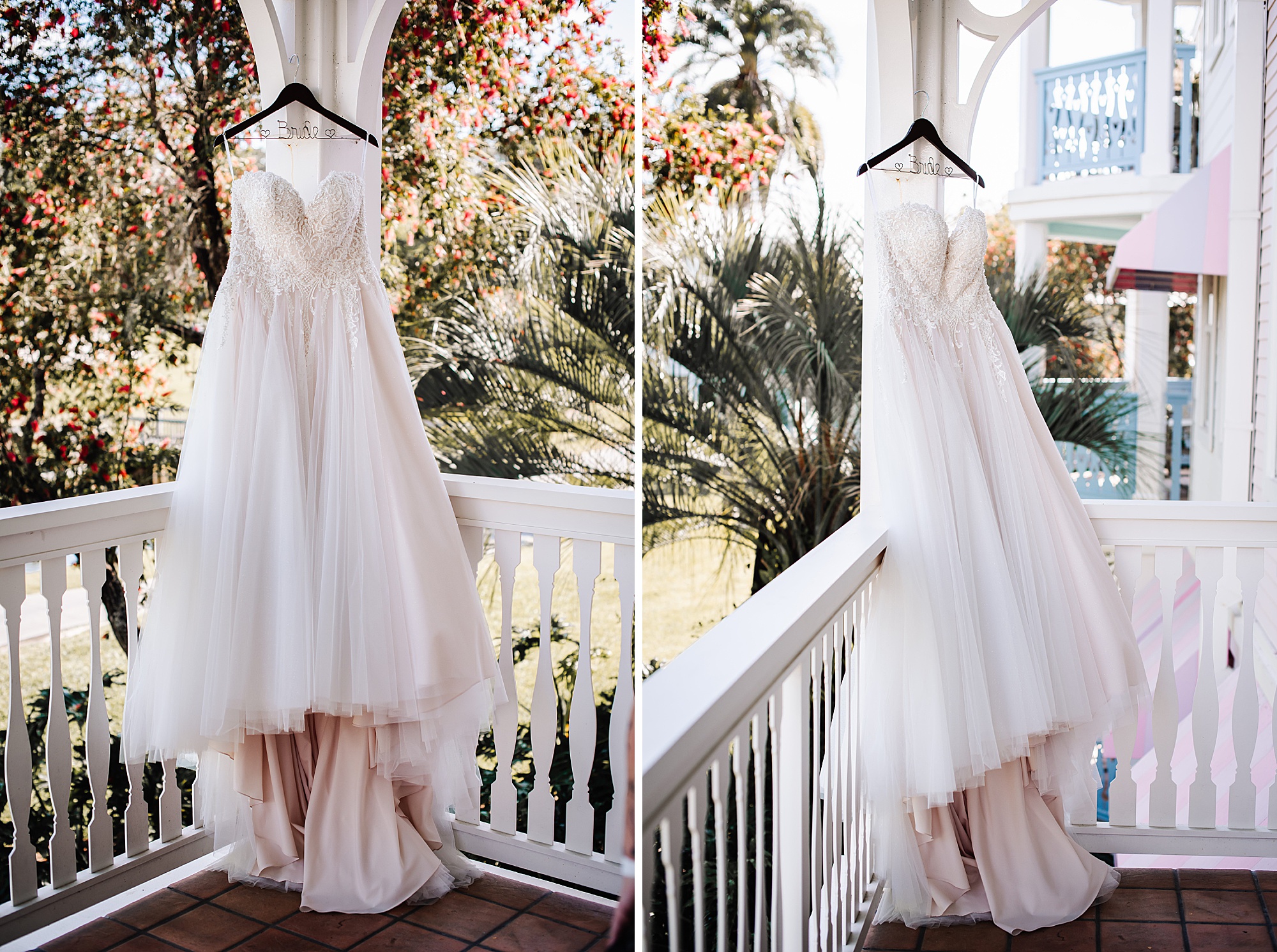 brides dress hanging on balcony