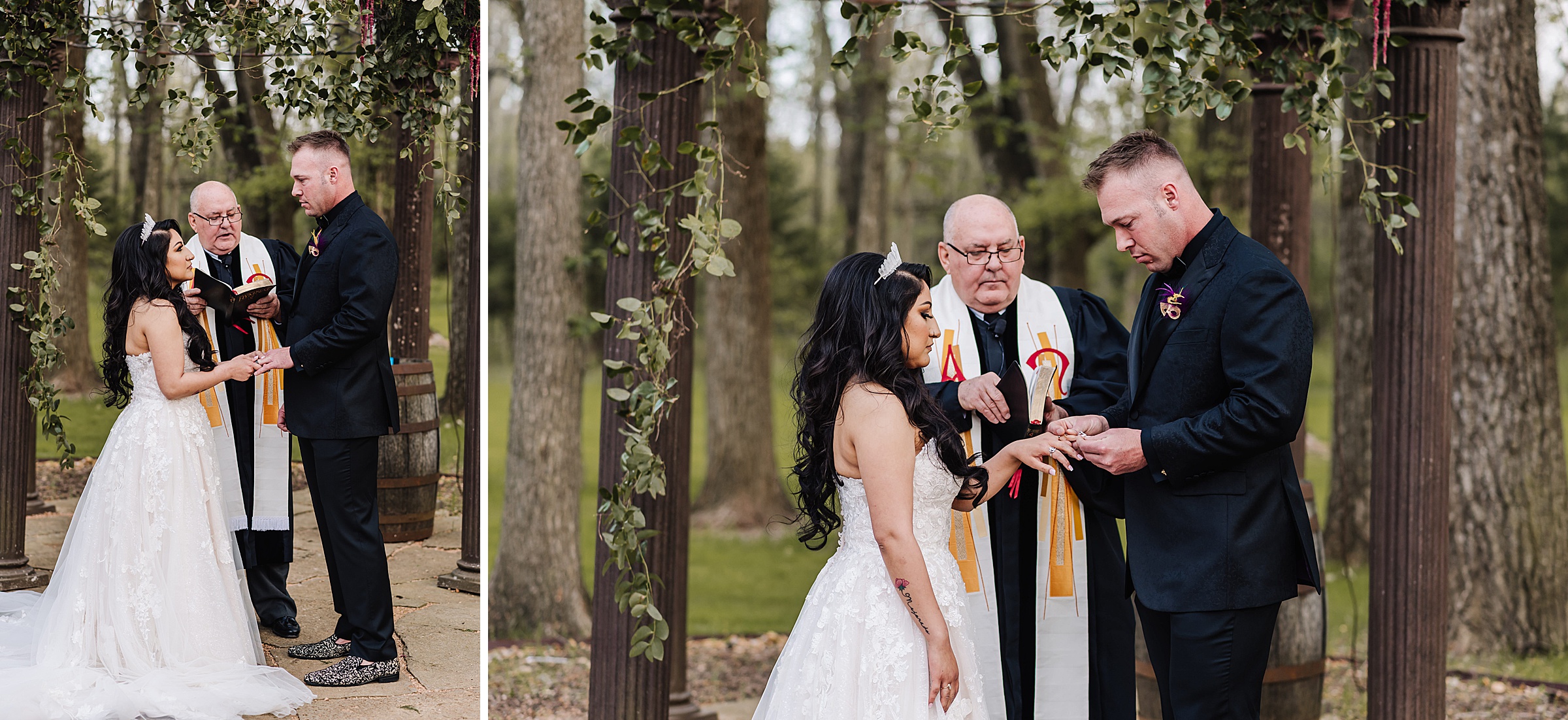 bride and groom exchanging rings in outdoor ceremony