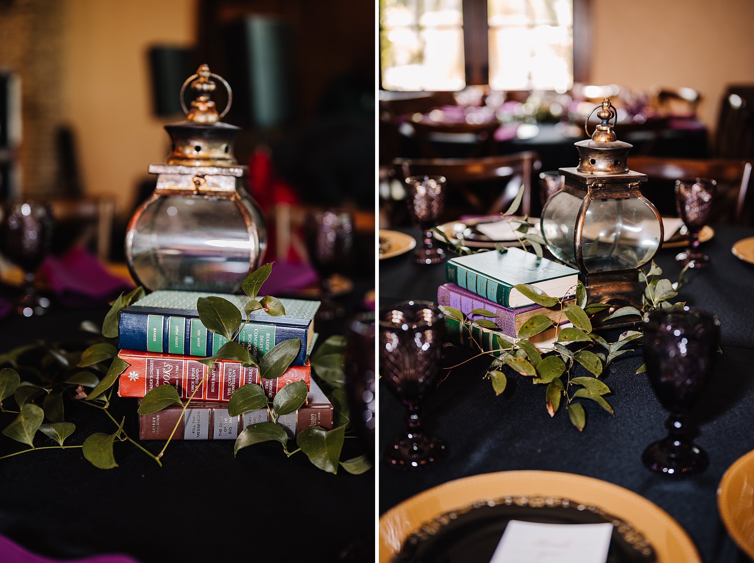 book and lantern table centerpieces at moody wedding