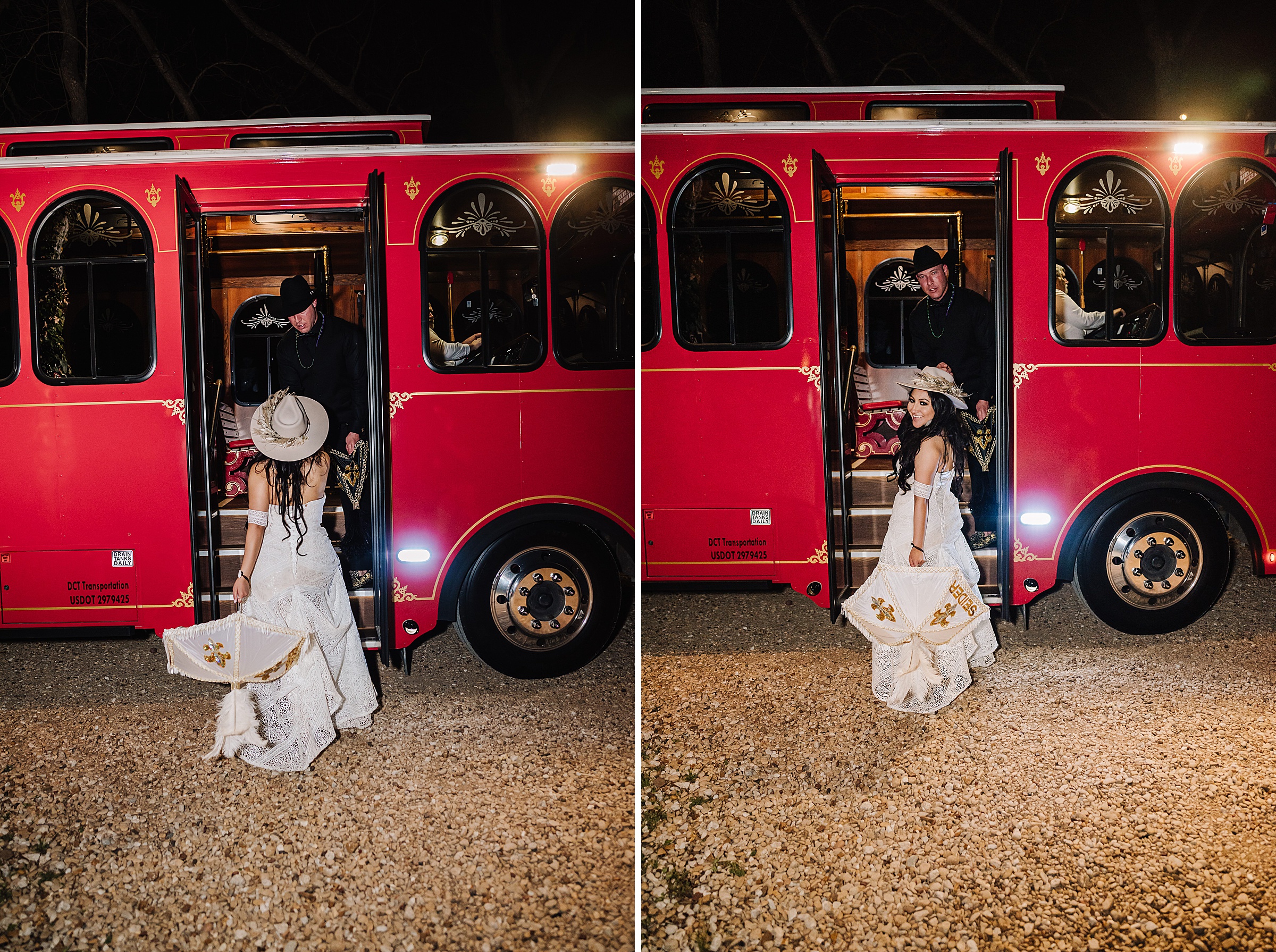 bride and groom with getaway trolley