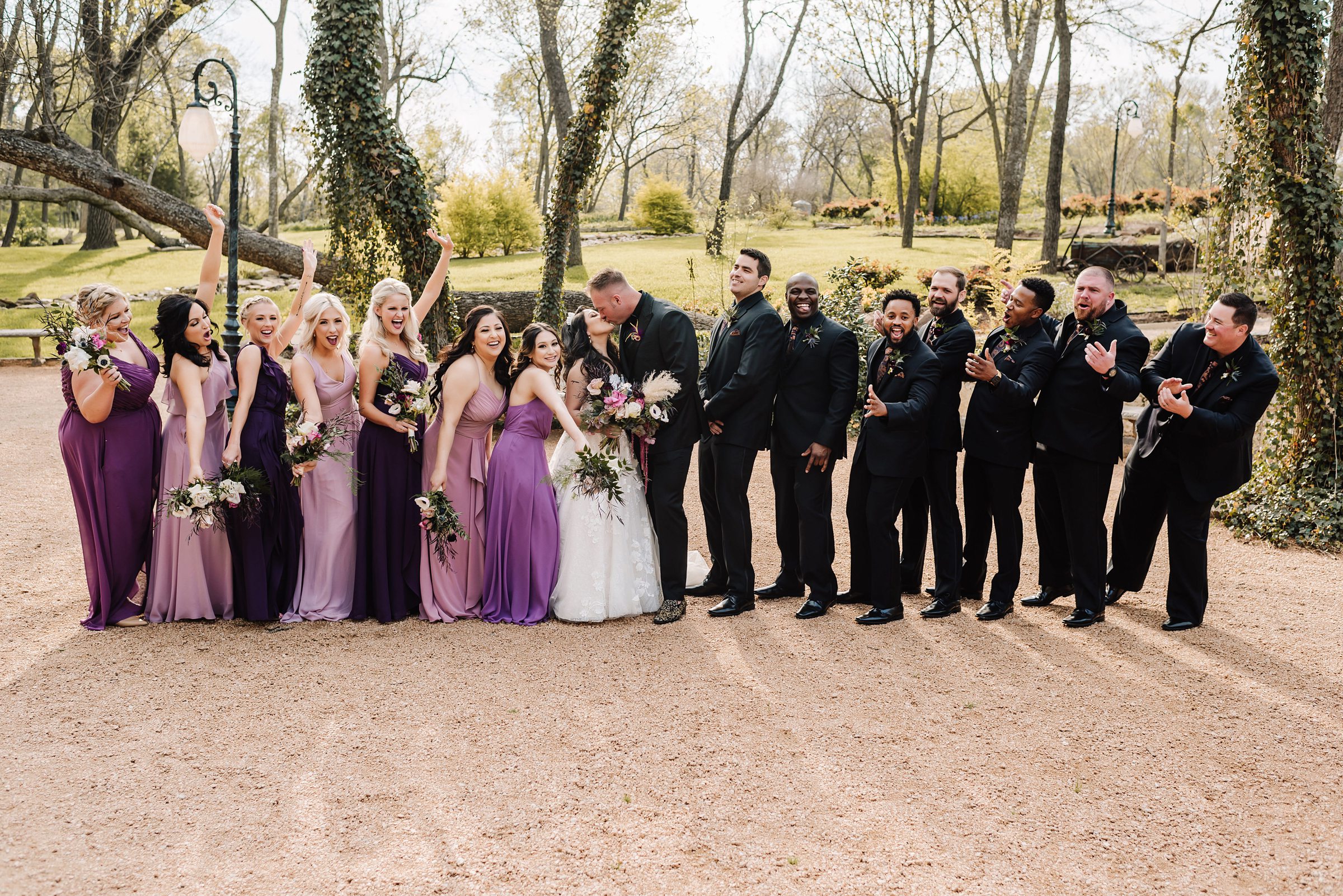 black and purple themed wedding wedding party outfits