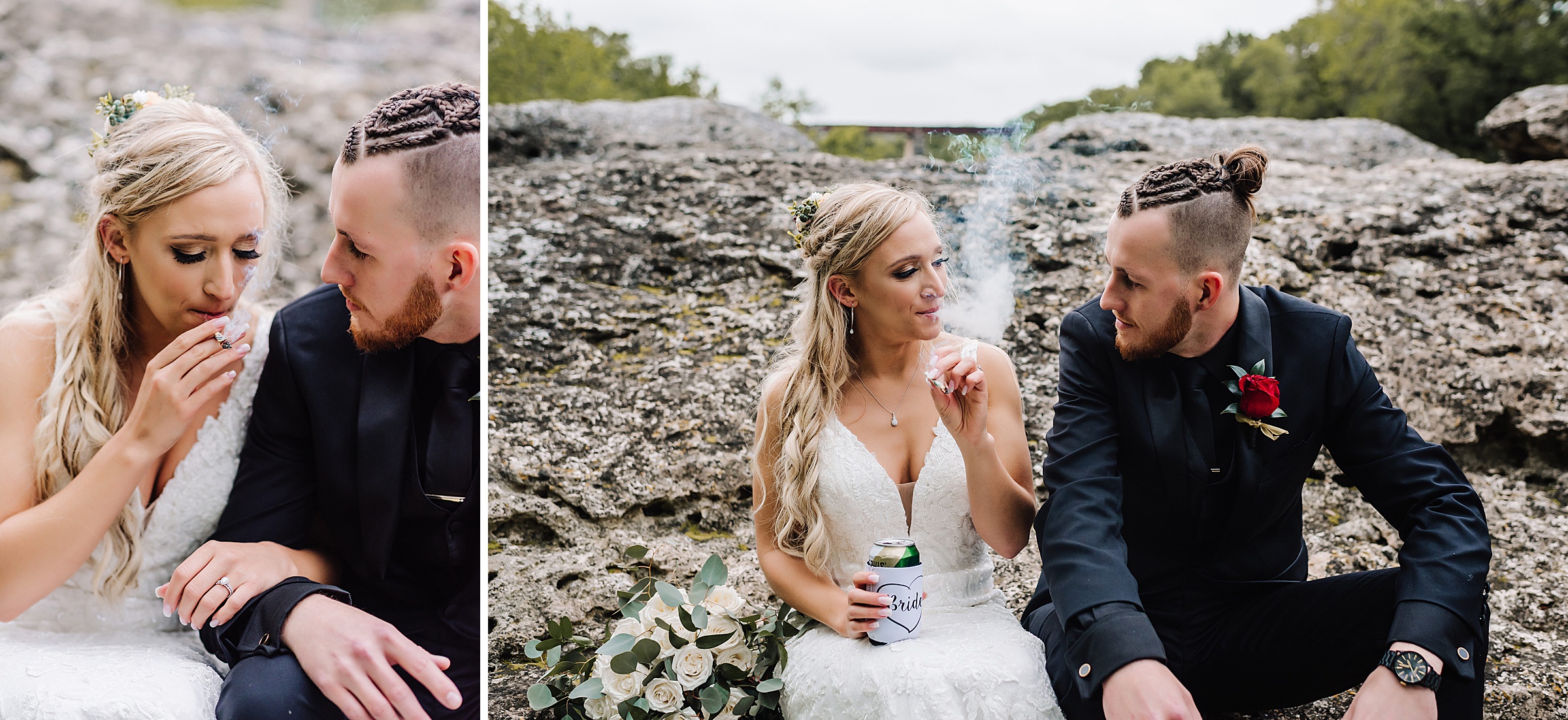 bride and groom smoking at stonebridge wedding venue