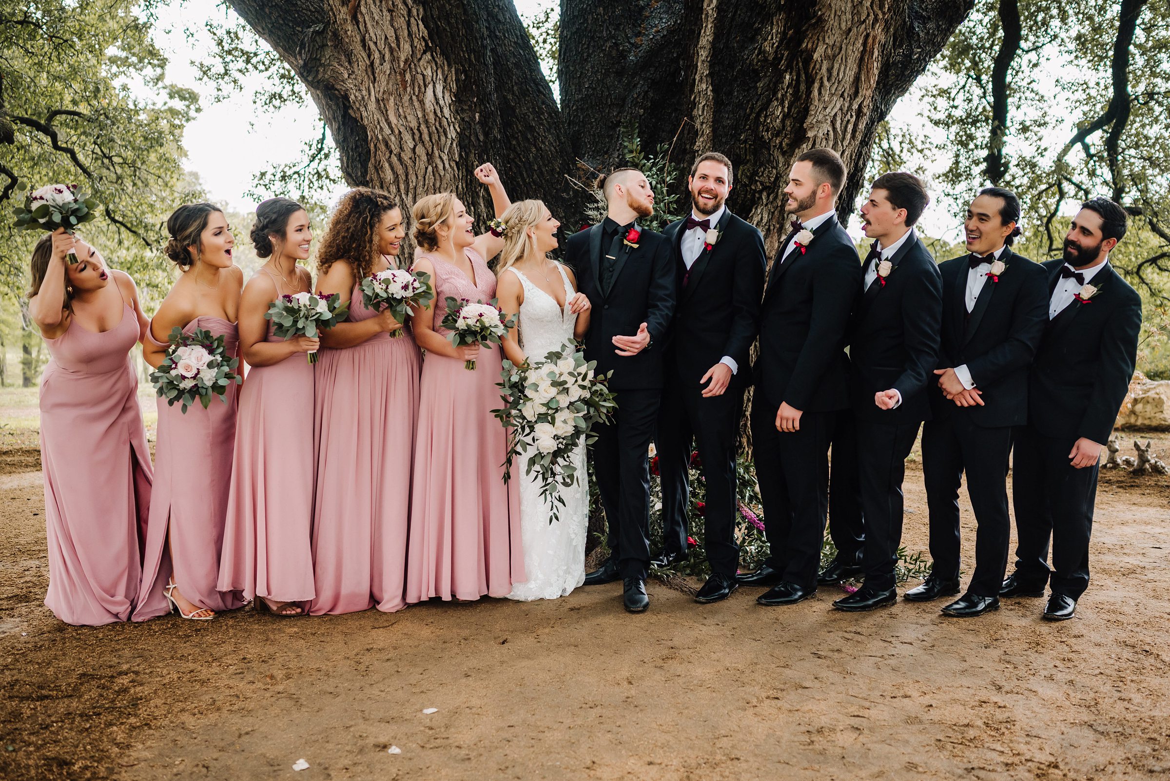 wedding party portrait under oak tree