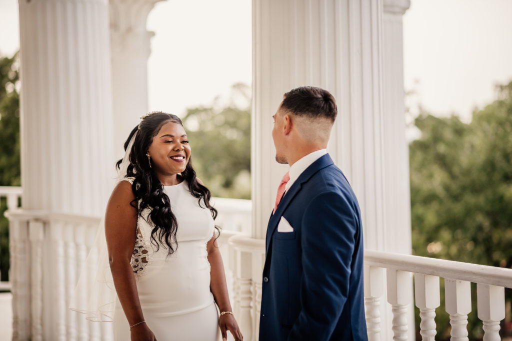 first look between bride and groom at lodestar mansion in Fort Worth texas