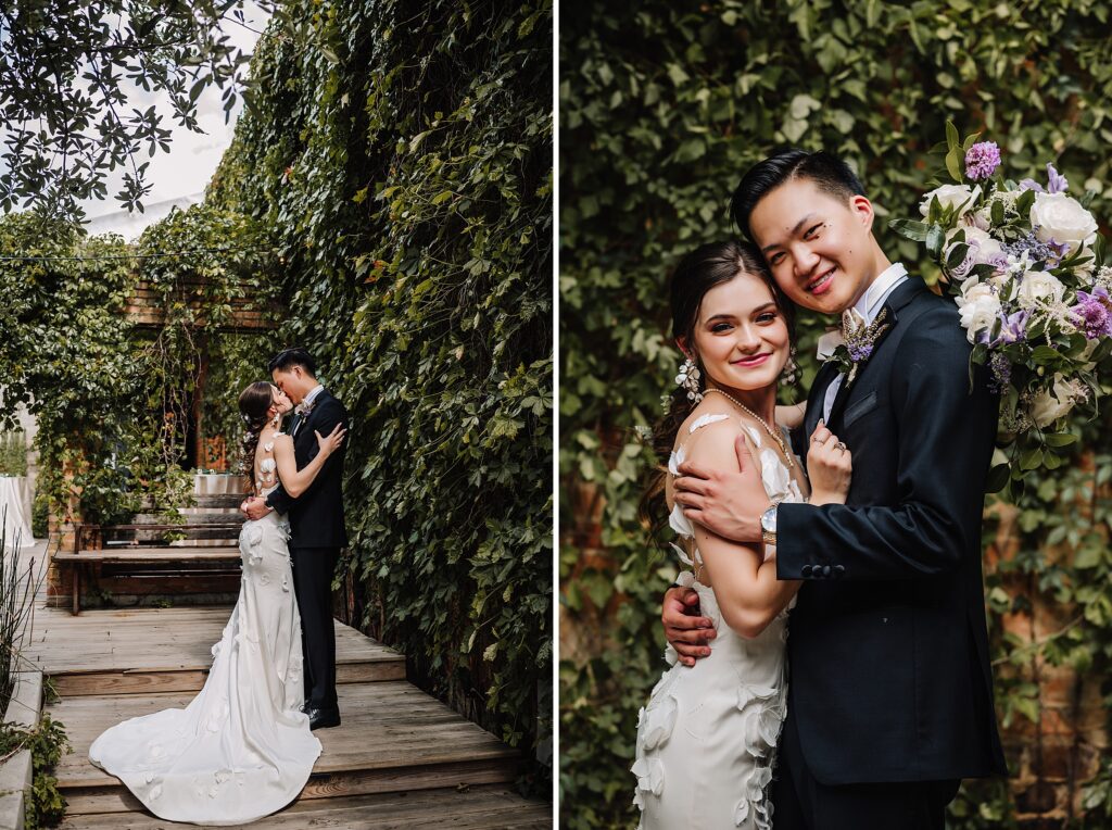 bride and groom portraits in front of ivy covered wall at the 4 eleven