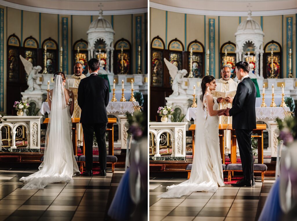 bride and groom during catholic wedding ceremony at st Mary of the assumption