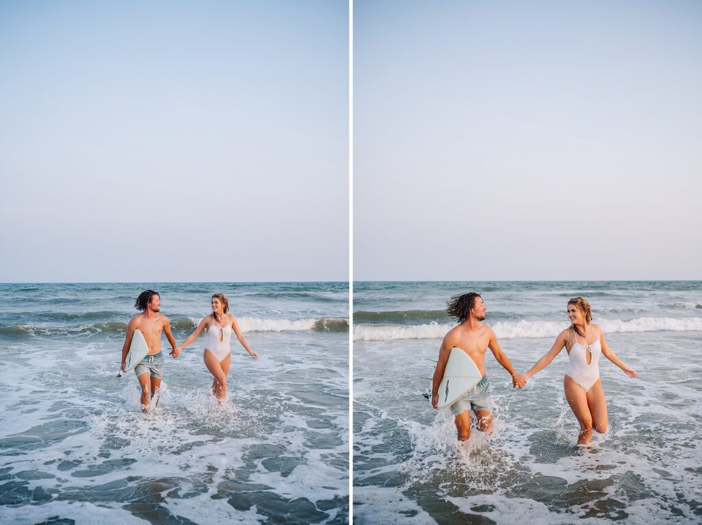 playful folly beach engagement photos with surf board