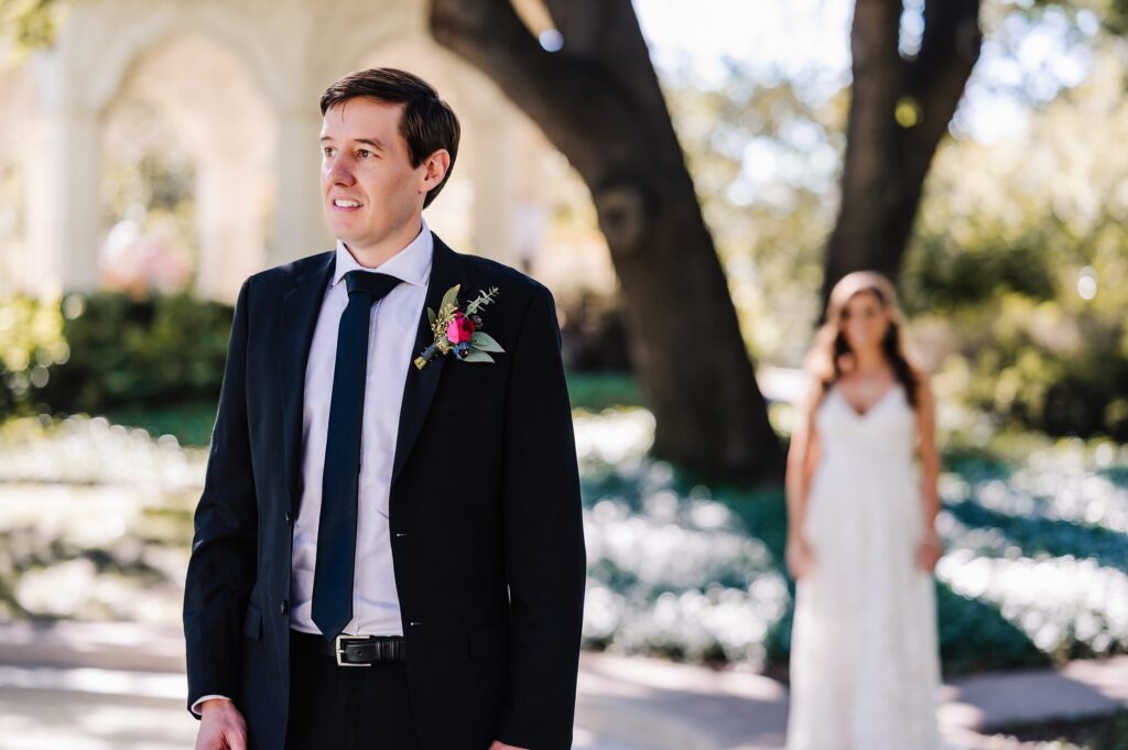 bride and groom first look at Flippen Park dallas