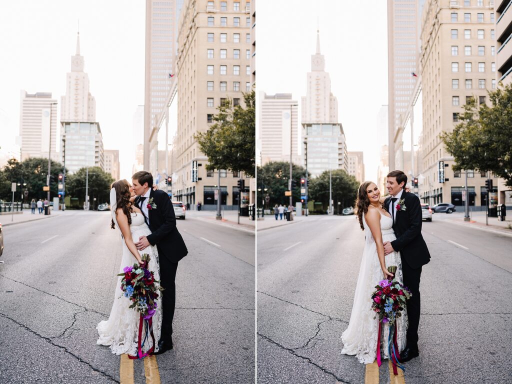 bride and groom portraits in downtown dallas at the room on main