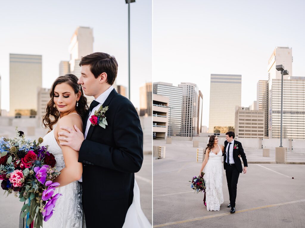 bride and groom portraits on downtown dallas rooftop at the room on main