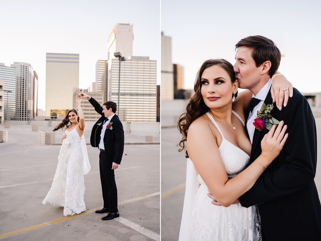 bride and groom portraits on downtown dallas rooftop at the room on main