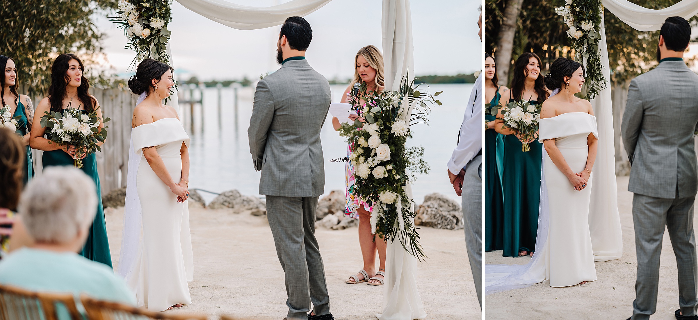 Sunset vows at a beach wedding ceremony in Key Largo, Florida.