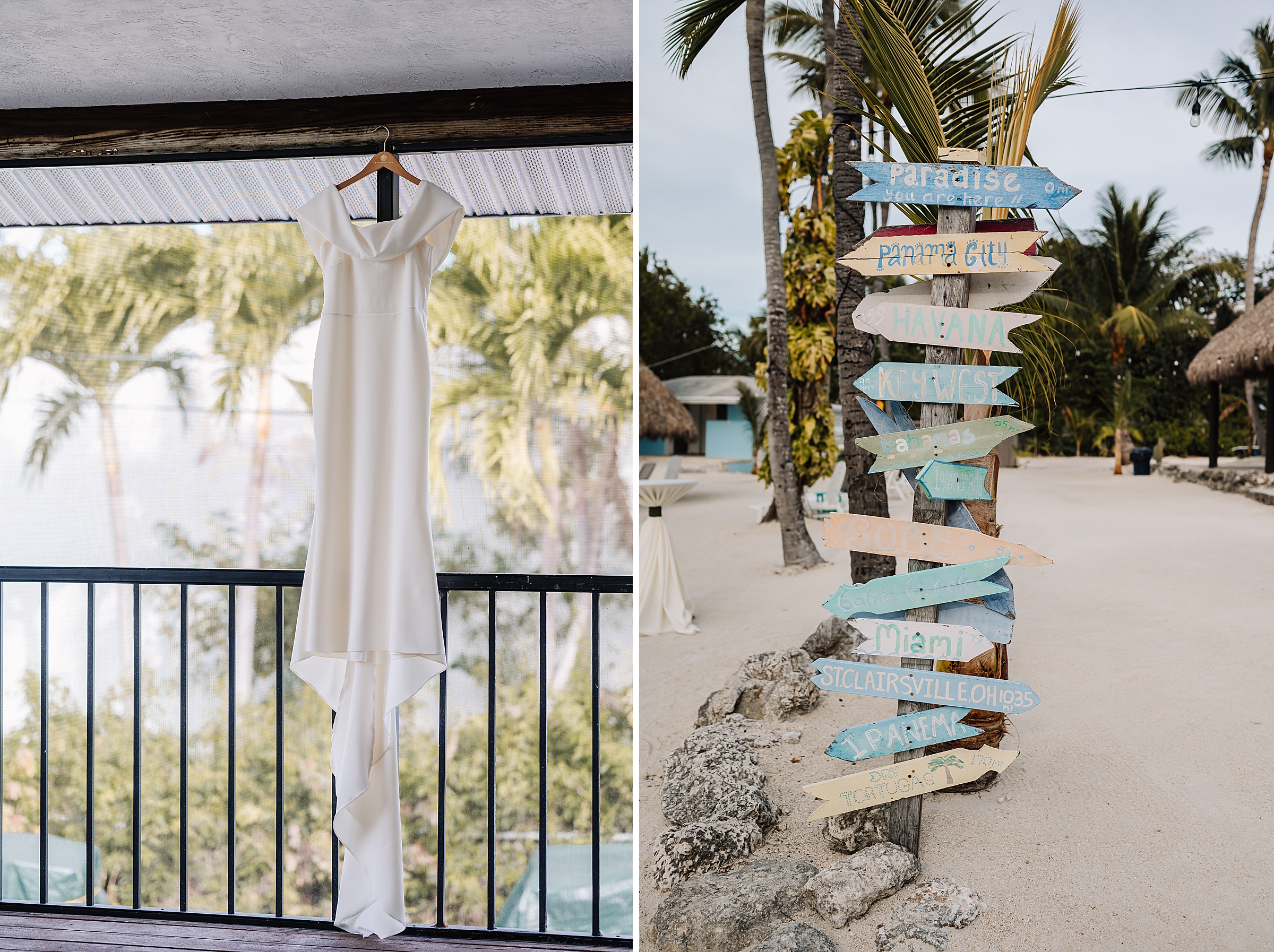 Rustic wedding signage surrounded by tropical foliage at a Key Largo wedding venue.