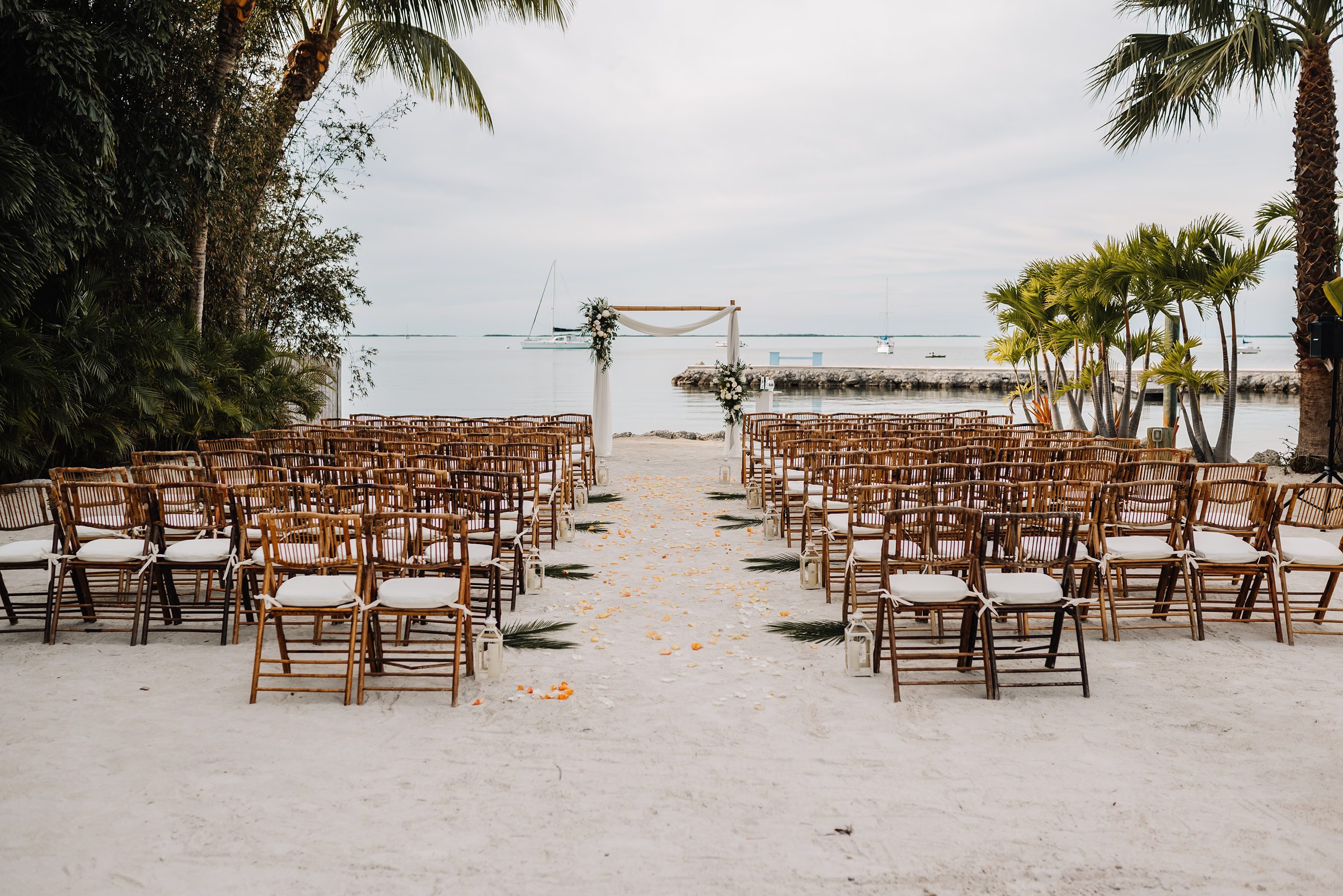 Elegant tropical-themed wedding reception at Dream Bay Resort, Key Largo.