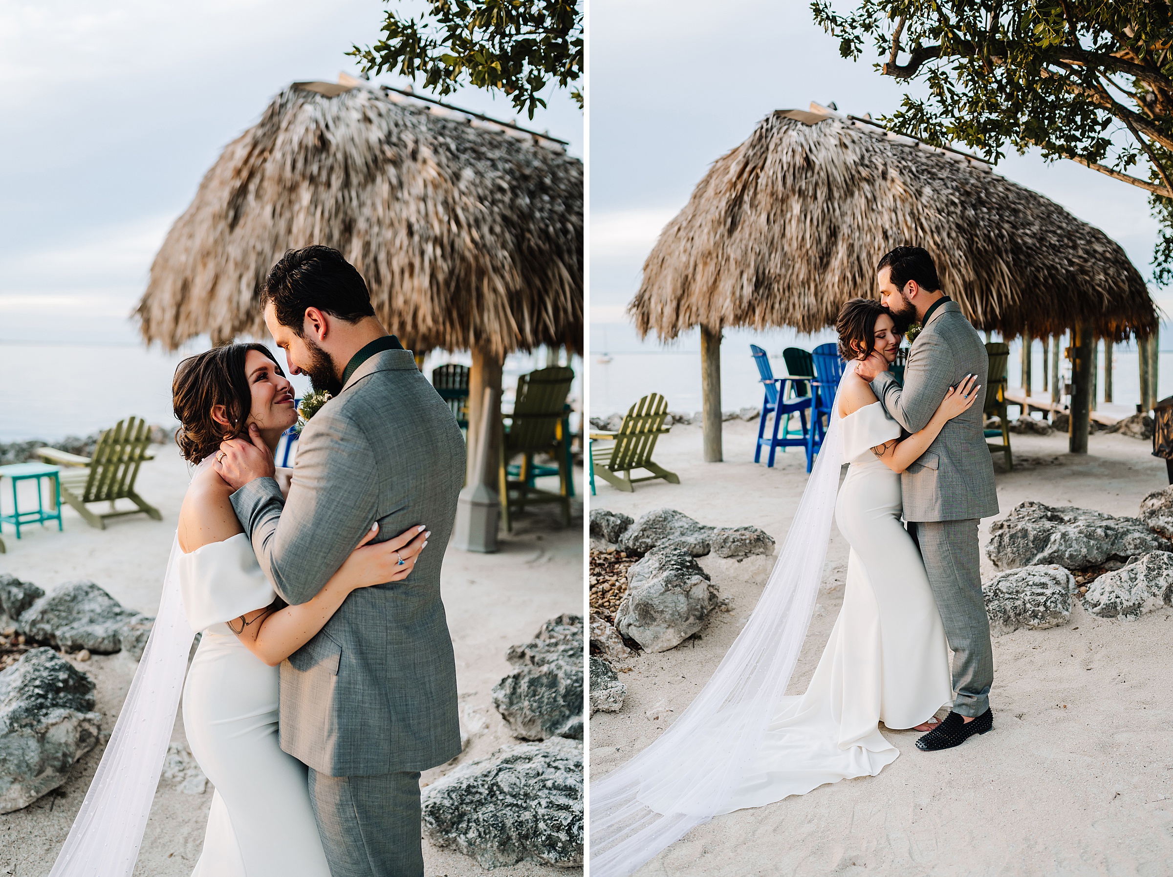 Bride and groom walking hand-in-hand on the sandy shores of Dream Bay Resort, Florida Keys.