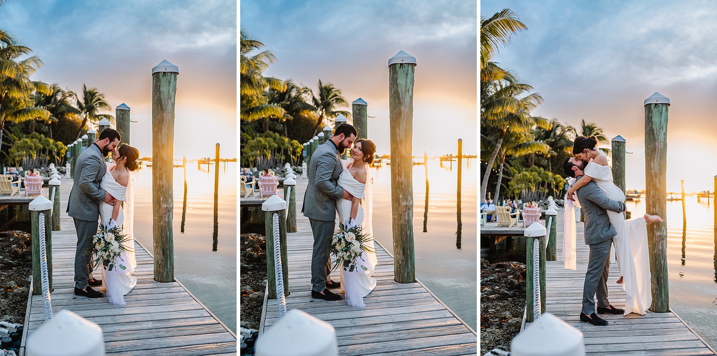 Newlyweds share a kiss on a Dream Bay Resort dock overlooking the Florida Keys waters.