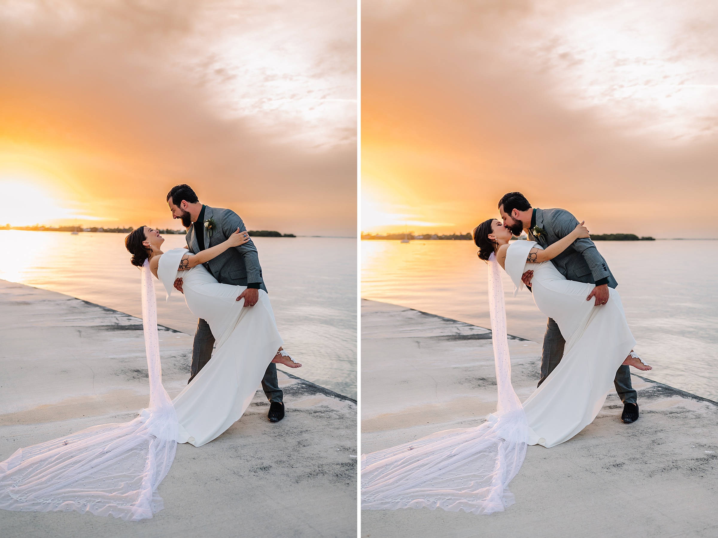 Newlyweds share a kiss on a Dream Bay Resort dock overlooking the Florida Keys waters.