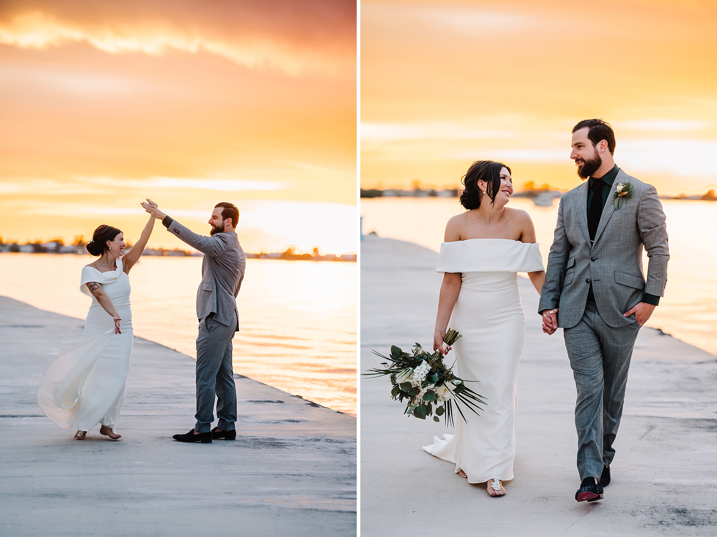 Newlyweds walking on a Dream Bay Resort dock overlooking the Florida Keys waters.